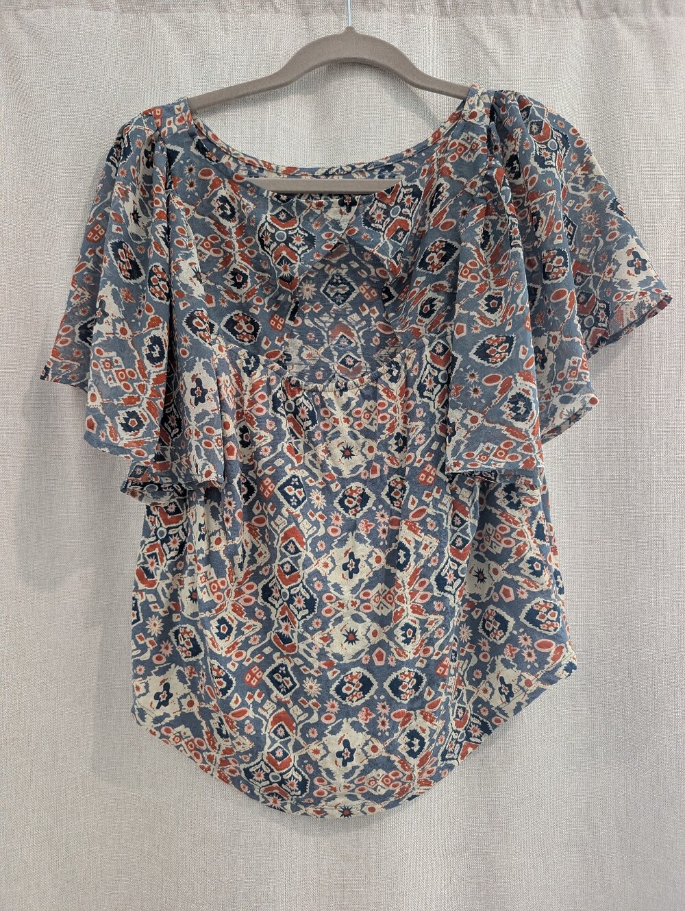 Lucky Brand Mosaic Print Flutter Sleeve Top M Boho Cutout Back - Picture 4 of 10
